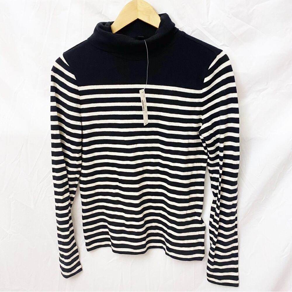 J.Crew Black Ivory Striped Cotton Turtleneck Sweater NWT Size M